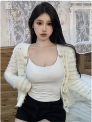 Fuzzy Tassel Fur White Blue Fashion Short Knit Cardigan Women Fall Long Sleeve O Neck Sweater Jumper Hollow Out Loose Casual Top