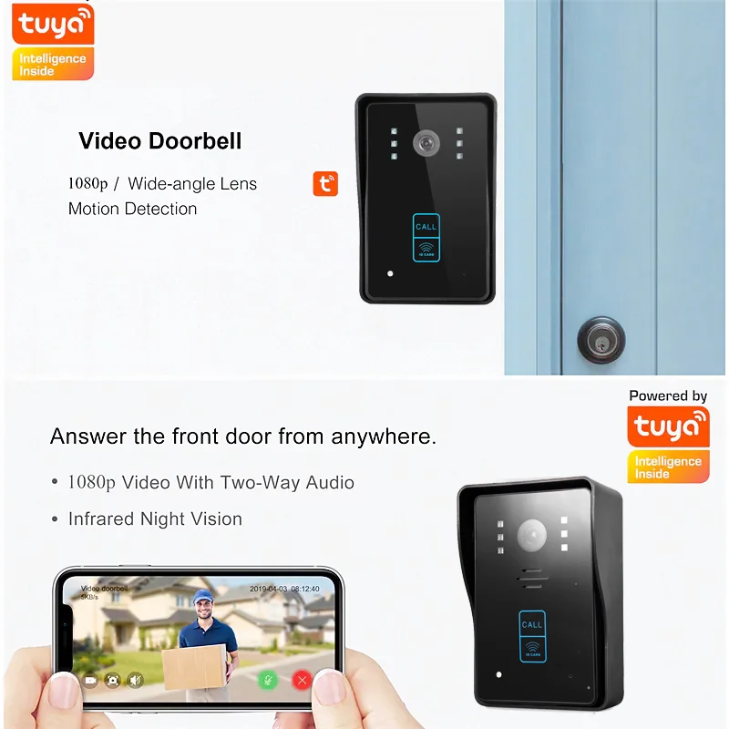 1080P WiFiビデオドアベル スマートTuyaアプリ ワイヤレス電話通話 ビデオインターホンシステム ドアビューア ナイトビジョン IPドアベル