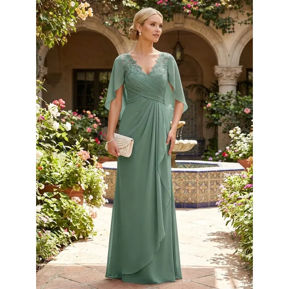 Customized 3/4 Cape Sleeves Mother of Birde Dresses 2026 Lace Women‘s Wedding Party Attire Gowns V Neck Elegant Evening Dress