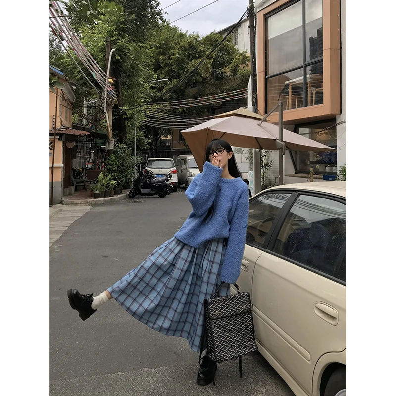 Vintage Plaid jupe Midi femmes japonais Harajuku laine jupes plissées hiver Streetwear coréen taille haute décontractée une ligne Faldas