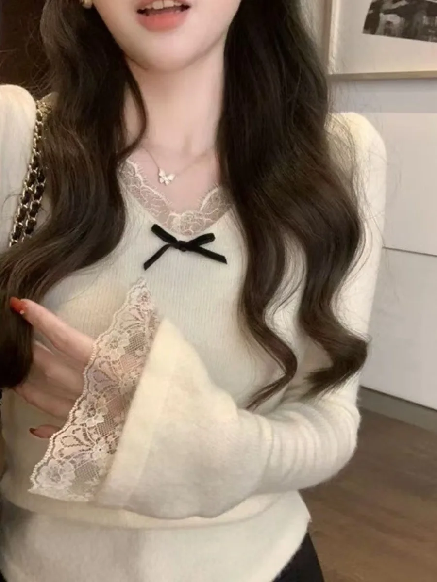 

Knitted Top Streetwear Chic Soft Pullover 2025 Korean Fashion New Sweater Women Spliced Spliced Lace Tunics