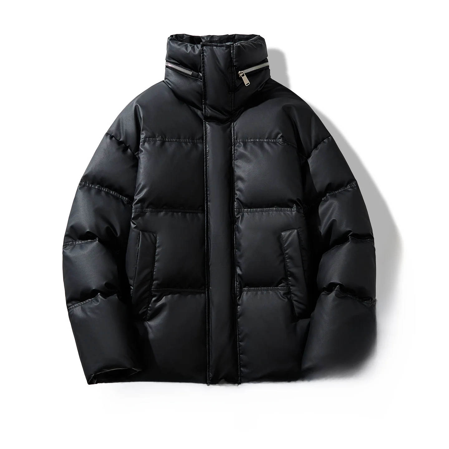 

Retro American Sle Men's down Jaet Stand Collar Leather Surface Loose Warm Winter Faion Du down Hooded Coat