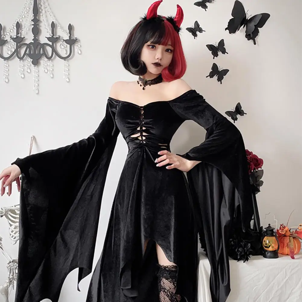 Dark Gothic Style Dress Witch Dress Style Witch Halloween Party Costume Set with Necklace Headband Stockings Women Cosplay Dress