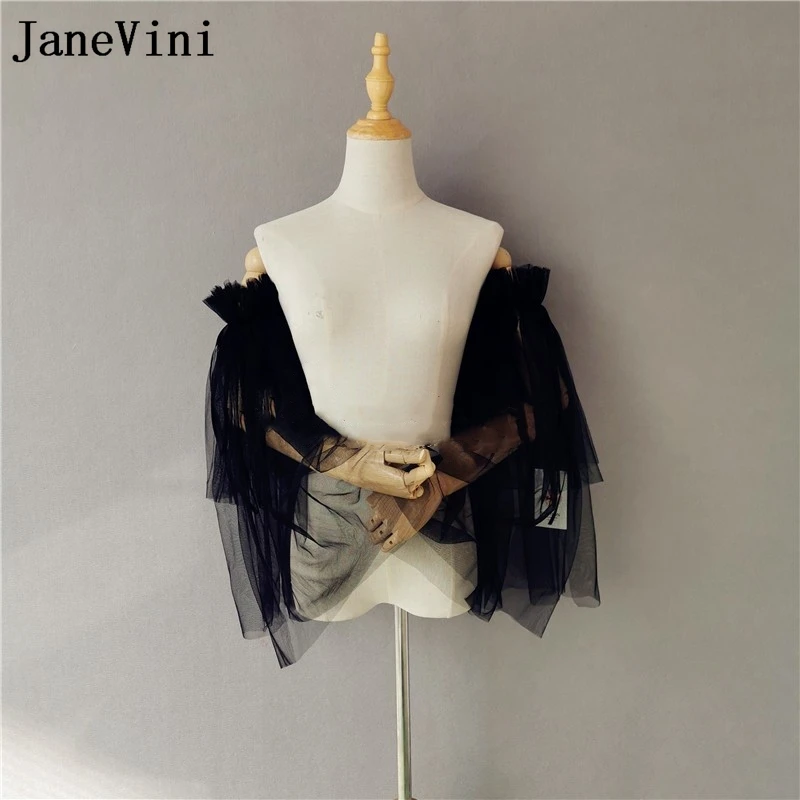 JaneVini-Bolero de malla de tul negro para novia, chaqueta de boda desmontable hacia arriba y hacia abajo para vestido de novia, envolturas de Chal