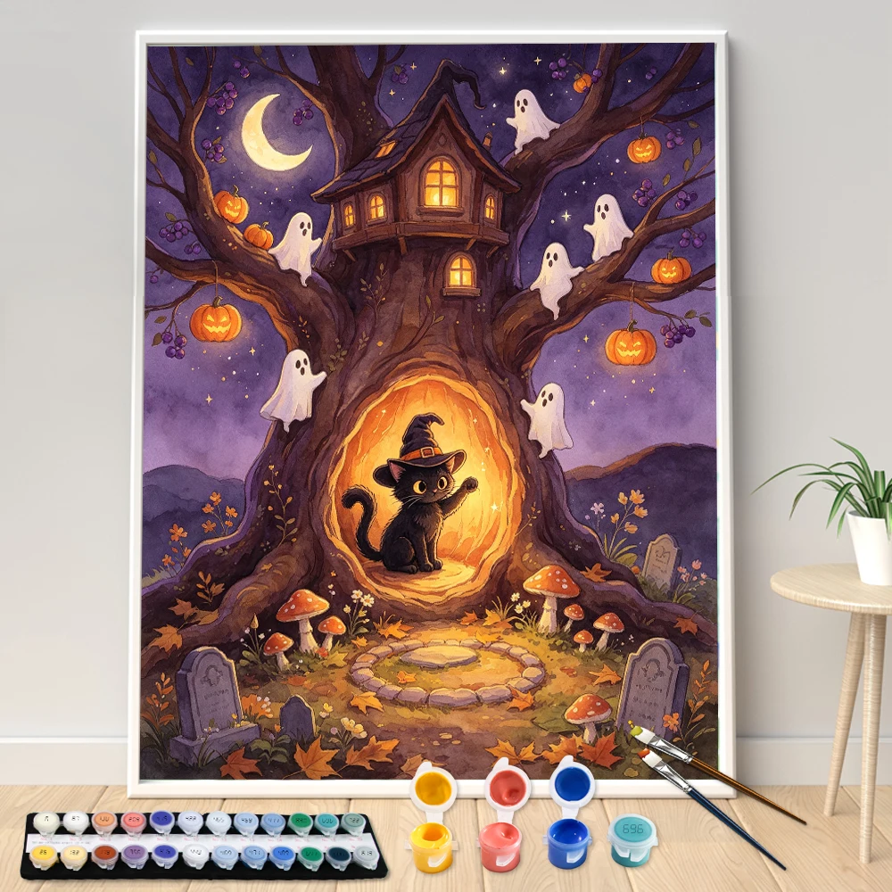 Painting By Numbers Cute Ghost Pumpkin Tree House DIY Hand Painted Oil Painting Canvas Colouring Unique Gift Home Decorate