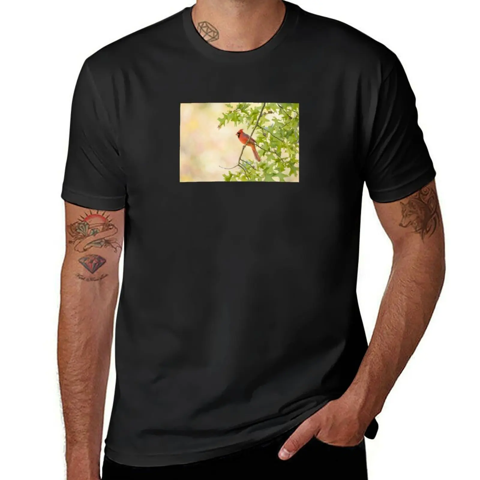 Northern cardinal perched on an oak tree T-Shirt anime clothes funnys plus size tops customs design your own mens clothes