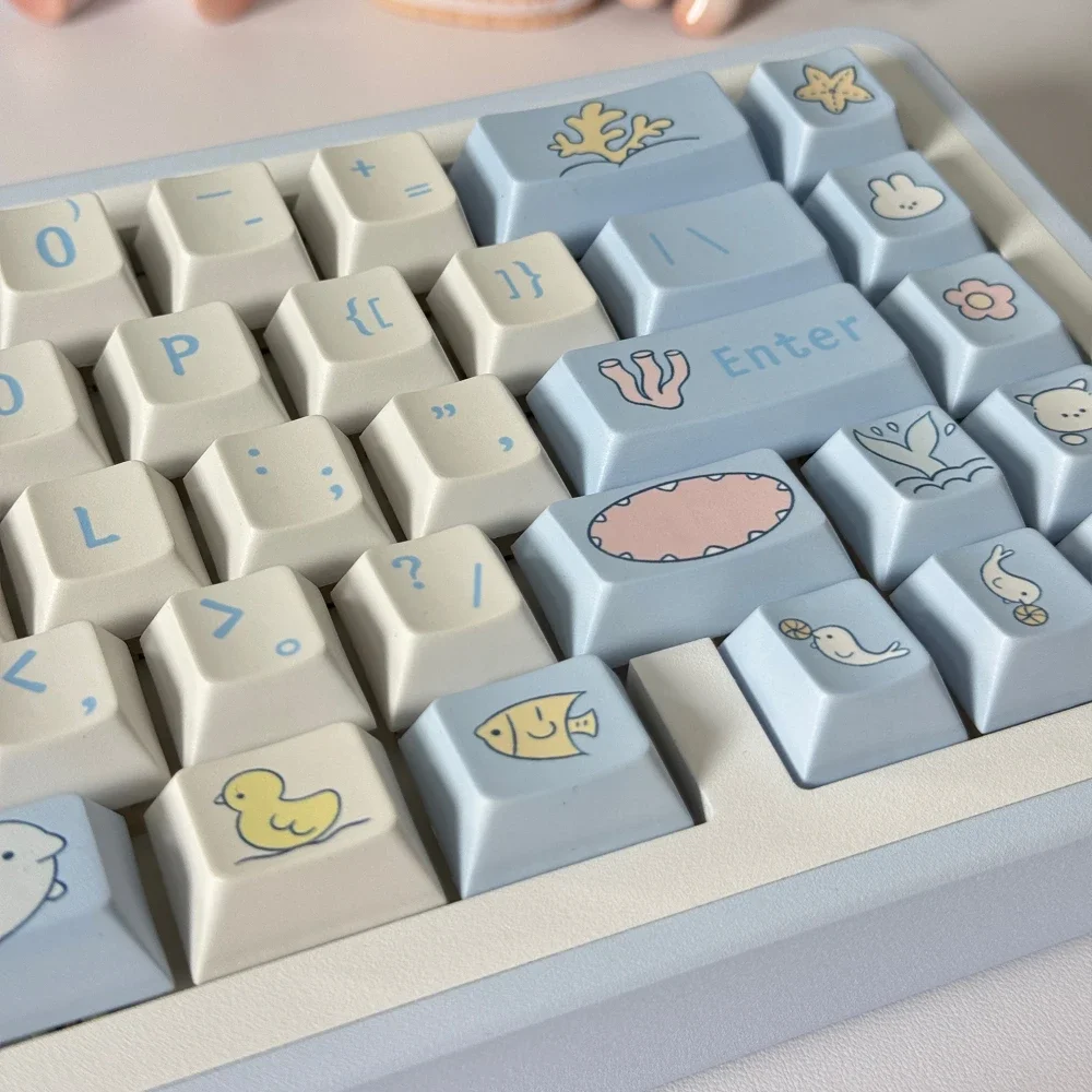 Ocean World Keycap White Simple Style Keycaps Cherry Pbt Material Sublimation Keycaps 128Keys White Blue Simple Keycap