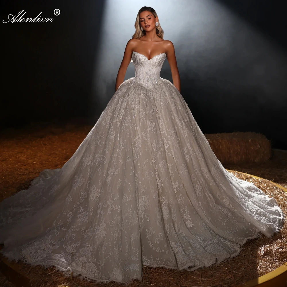 

Alonlivn Custom Made High-end Lace Sweetheart Bride Gowns Vestido de Noiva Full Of Lace Sleeveless Ball Gown Wedding Dresses