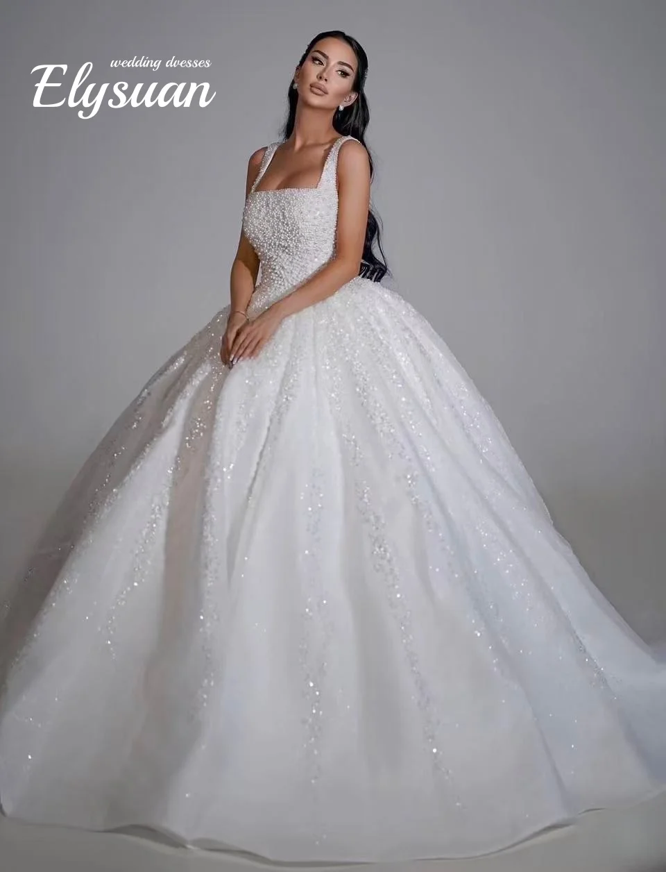 

Customized Glitter Wedding Dress With Beading Princess Ball Gown Sleeveless Square Collar Bride Dress Vestido De Novia