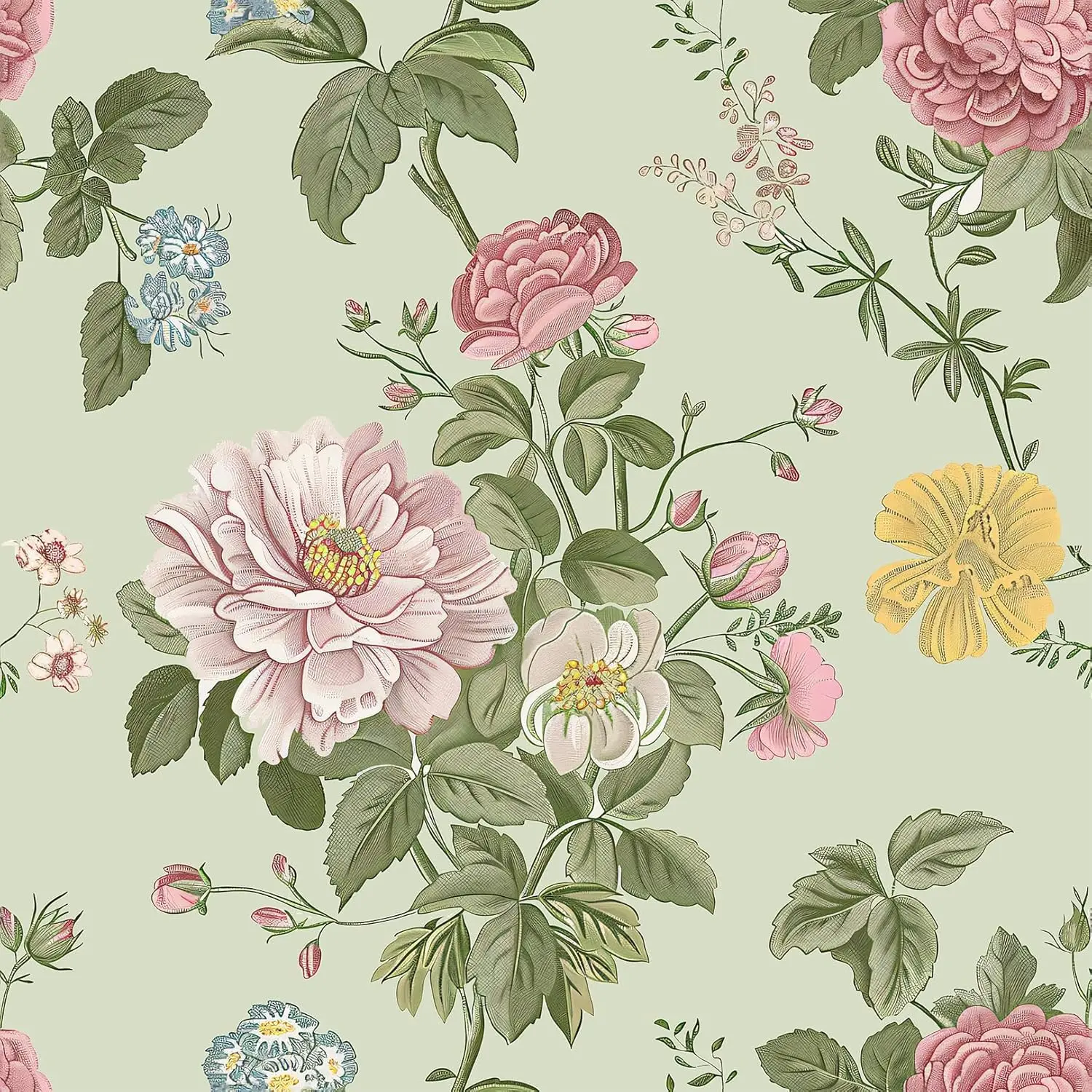 Floral Peel and Stick Wallpaper Boho Green Removable Contact Paper Pink Flower Self Adhesive Wall Paper for Bedroom Bathroom