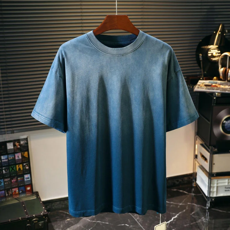 Lelaki 2026 New T-Shirt Gradient Color Solid Heavy Washed Loose Large Size Versatile Casual Daily