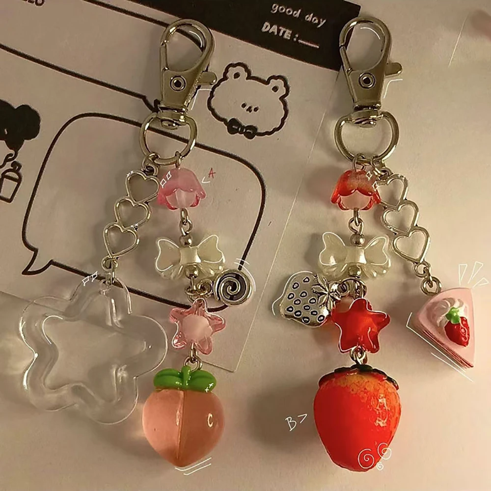 Cute Strawberry Peach Bow Keychain Y2K Coquettish Fairytale Lily of the Valley Handbag Pendant Jewelry Accessories Girls Gift