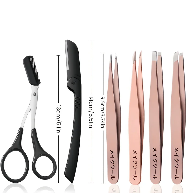 Stainless Steel Rose Golden 1/7pcs Eyebrow Grooming Kit, Includes Eyebrow Comb, Scissors, Razor, and Tweezers, Makeup Tool Set view 3