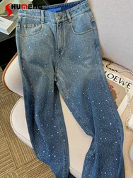 Nueva moda europea, pantalones vaqueros elegantes bordados con perforación en caliente para mujer, pantalones vaqueros de pierna ancha holgados con lentejuelas a la moda de primavera 2023