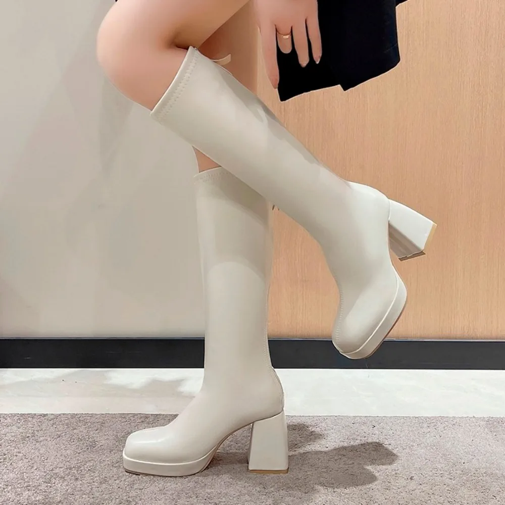 Womens Boots Winter Thick Heel Bottom Long Cotton High Heel Snow Zipper Knee-high Fashion Hot Classic Sexy Wild Botas Mujer