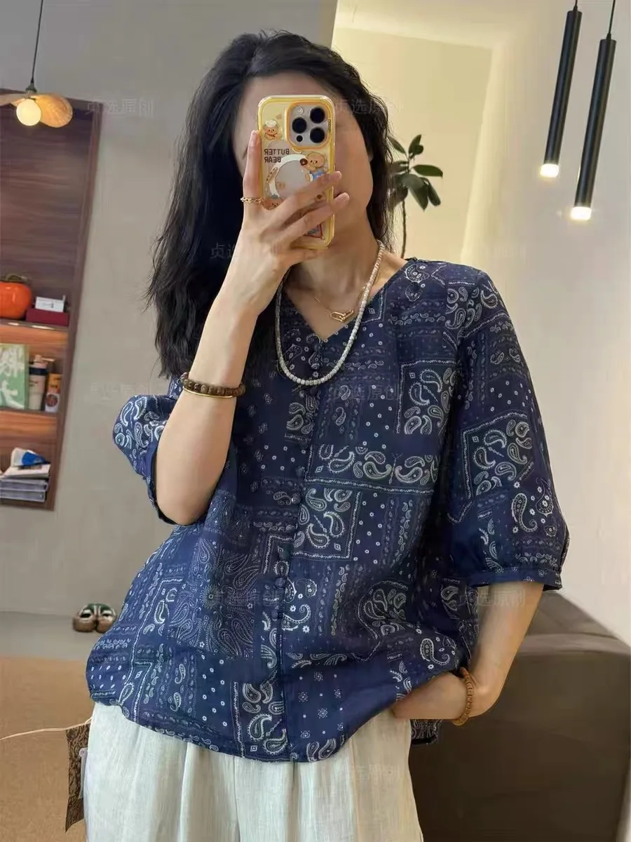 

Рубашка женская, лето-осень 2021, новая свободная повседневная блузка с круглым вырезом и половиной рукавов с принтом