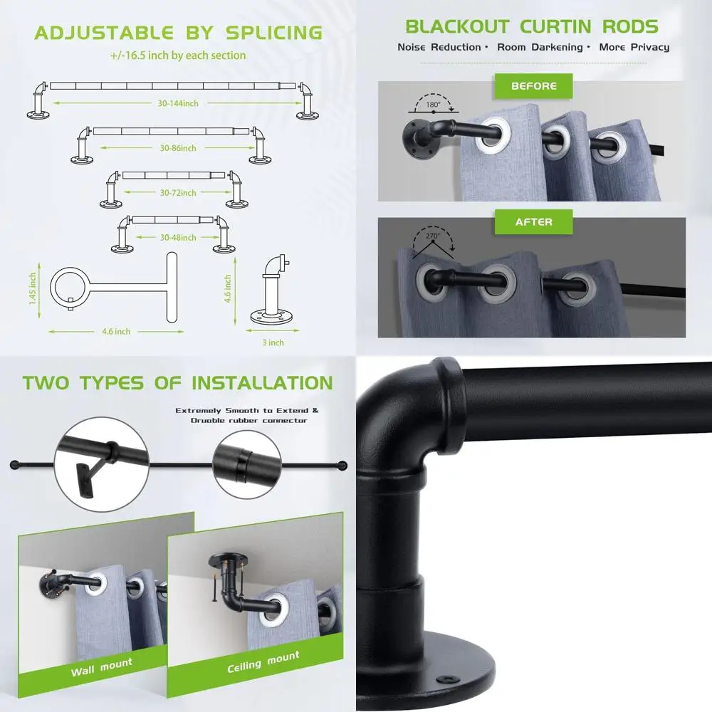 

Adjustable 1 Black Industrial Curtain Rod, 120-240 for Indoor/Outdoor Window Drapes & Dividers