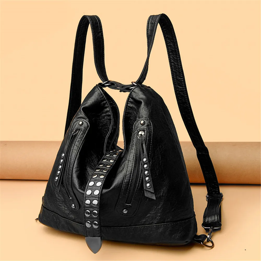 Luxury Women\'s Brand Backpacks Vintage Soft PU Shoulder Bags Women Rivets Designer Backpack Large Capacity School Bag Female