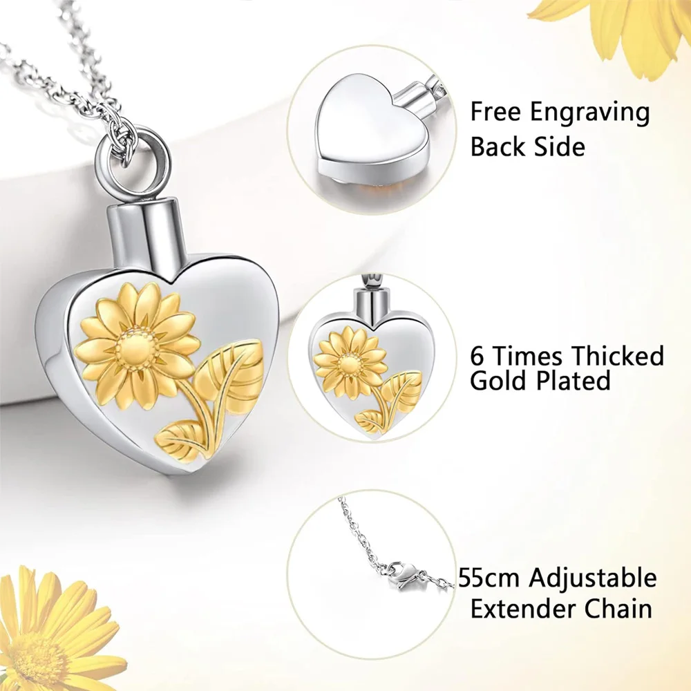 عباد الشمس القلب رماد جرة المنجد قلادة الفولاذ المقاوم للصدأ جرة قلادة للرماد التذكاري تذكار مجوهرات للحيوانات الأليفة البشرية #4