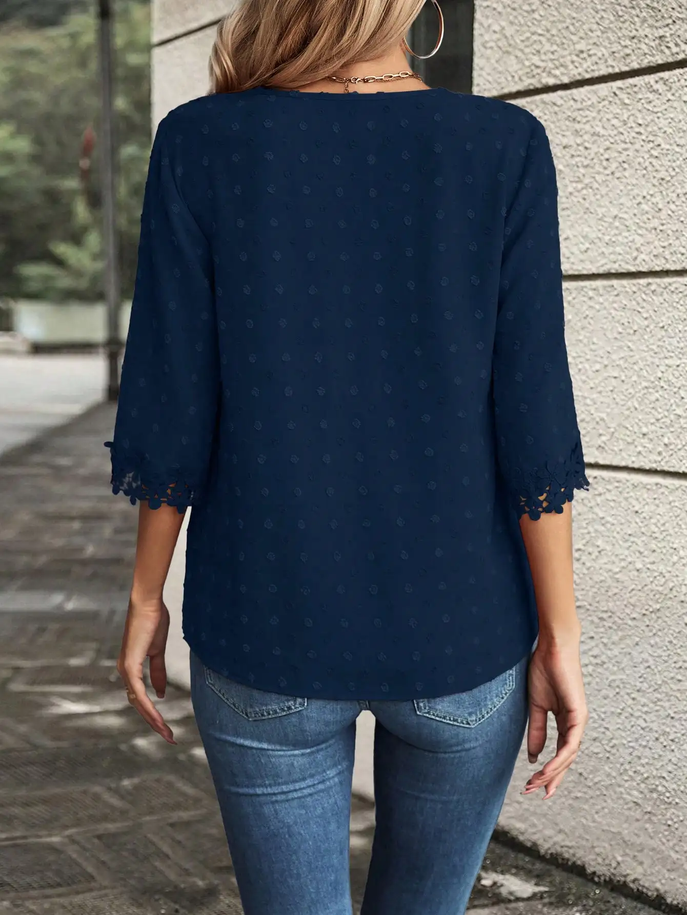 

Navy Blue Swiss Dot Lace Trim Blouse V Neck Three Quarter Sleeve
