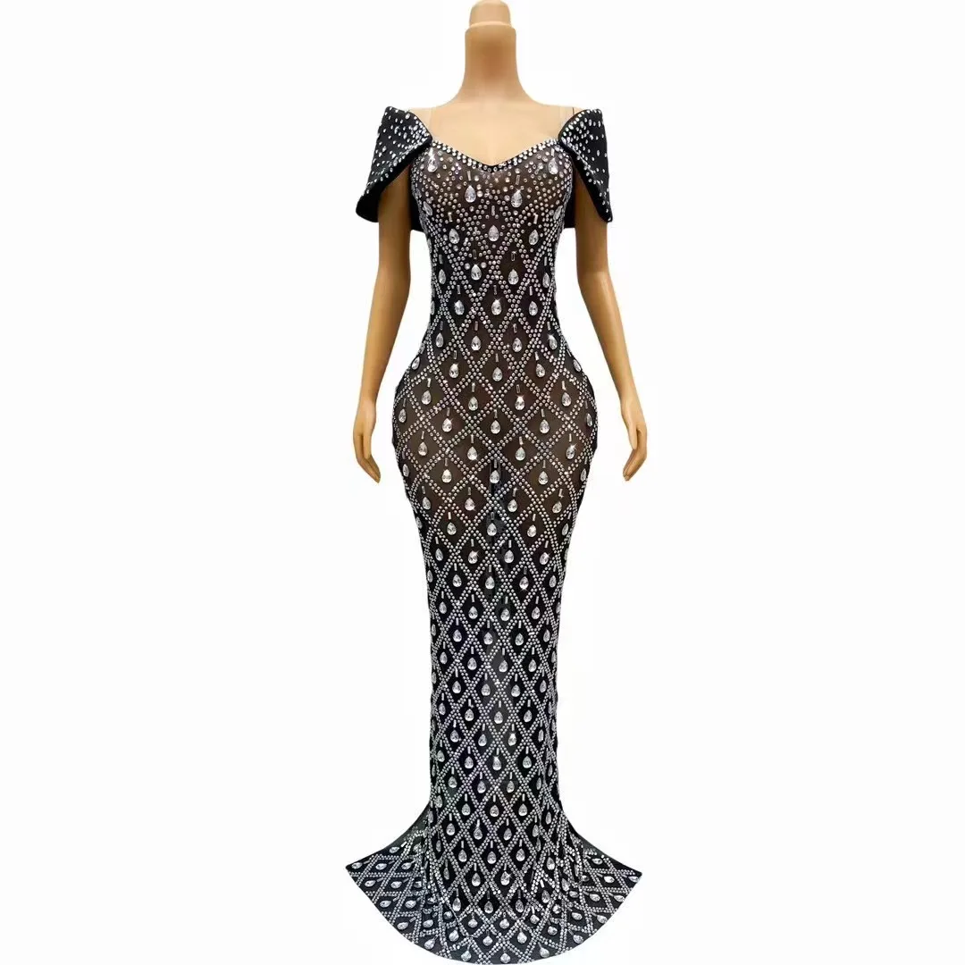 New Models Black Dress Slim Fit Sexy Evening Party Celebration Crystals Rhinestones Bling Fashion Performance Clothes