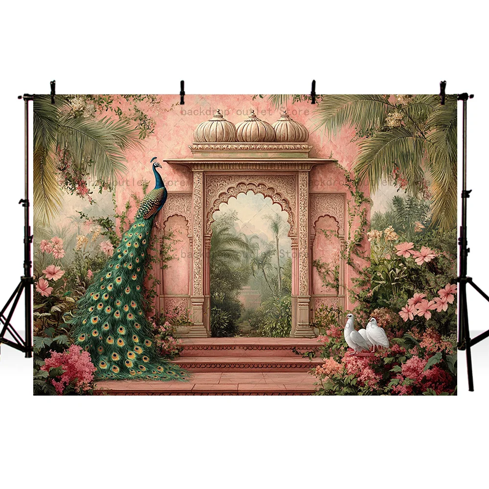 Mehofond Luxury Palace Arch Door Photography Backdrop Peacock Lotus Kids Adult Birthday Wedding Photo Background Decoration