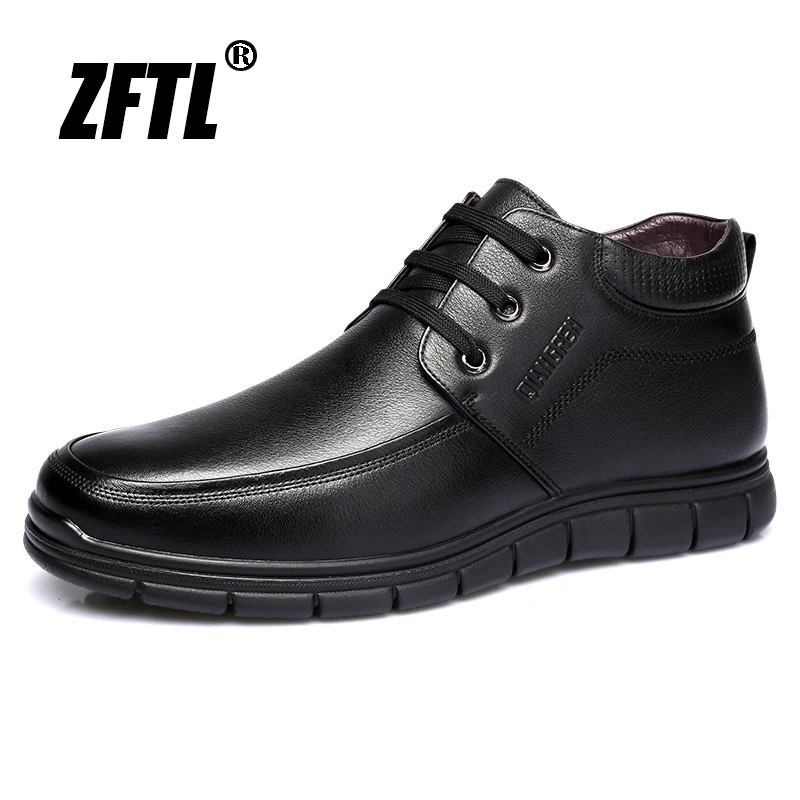 ZFTL Men's Snow Boots Genuine Leather Cowhide with wool fur Winter Warm Ankle Boots Man Black Casual Lace up Anti slip Boots