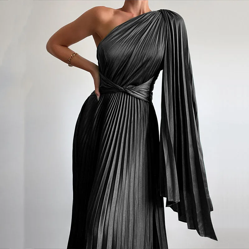 Sexy Off Schulter Bankett Maxi Kleid 2023 Neue Schräge Kragen Gefaltetes Casual Kleider Damen Nehmen Urlaub Partei Lange frauen kleid