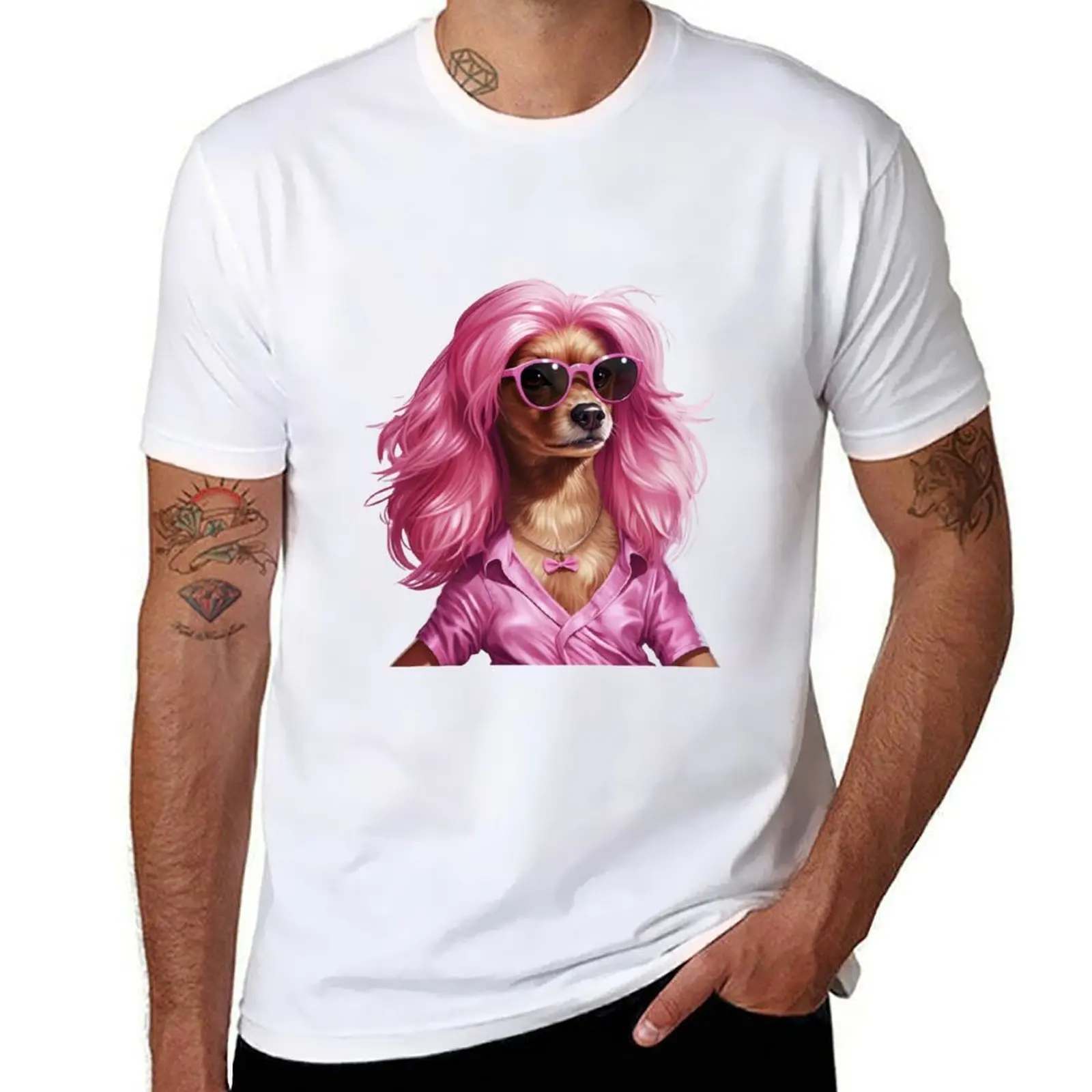 Dog With Pink Hair and Glasses T-Shirt t shirts designer cotton t shirts man 100% T-Shirt