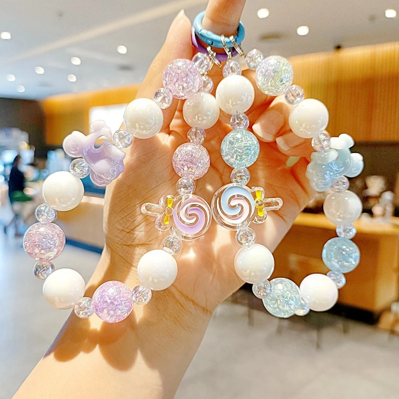 Cute Lollipop Acrylic Colorful Laser Beaded Mobile Phone Chain Wrist Rope Keychain Pendant Bag Ornament Fashion Accessories Gift