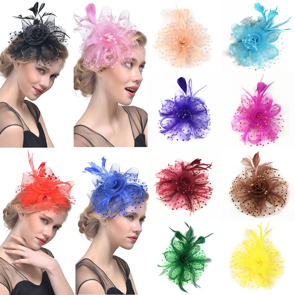 Fascinators chapéu feminino flor malha fitas penas fedoras chapéu bandana ou um clipe cocktail chá festa headwear para meninas