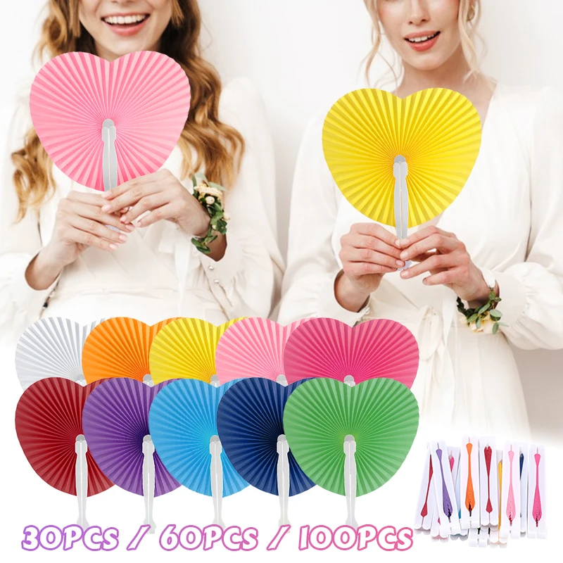 30/60/100PCS Colorful Heart Shape Folding Paper Fans Festival Hand Fan Party Gift DIY Painting Birthday Wedding Party Decoration