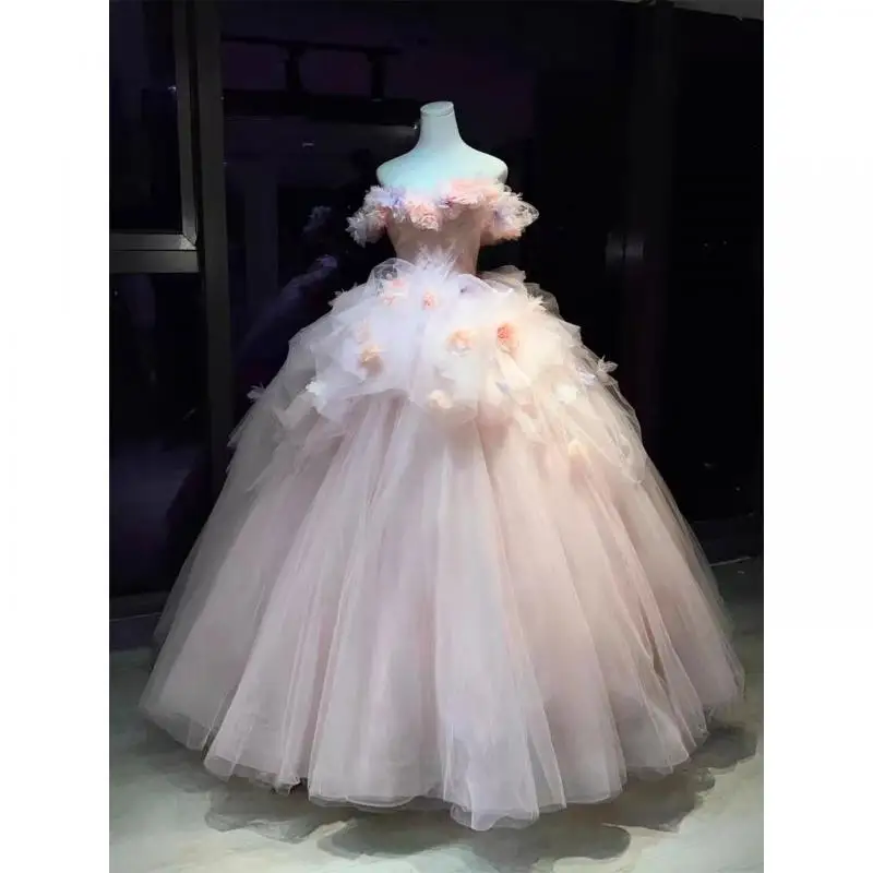 Off Shoulder Super Fairy Flower Pink Wedding Dress Coming Of Age Ceremony Evening Dress Dreamy Fugitive Princess Customized