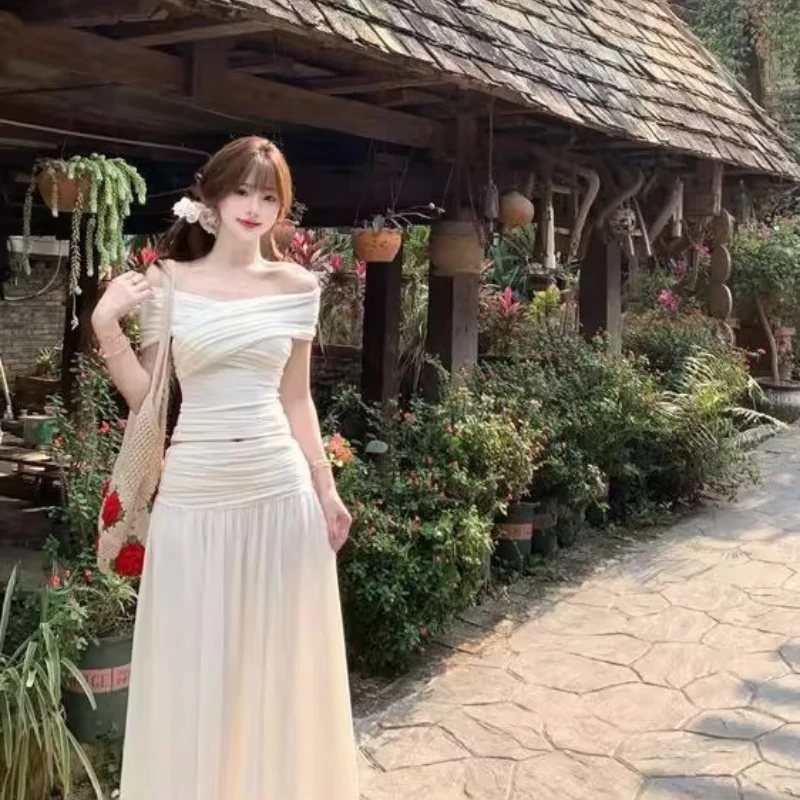 Robe irrégulière froncée en maille pour femmes, col Slash, manches courtes, slim, extensible, tendance, élégante, longue, moulante, tenues