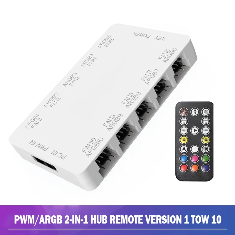 

5 В 3-контактный 10-портовый концентратор вентилятора ARGB/PWM с беспроводным контроллером 2-в-1 RGB PWM-адаптер вентилятора для системы охлаждения процессора controladora argb