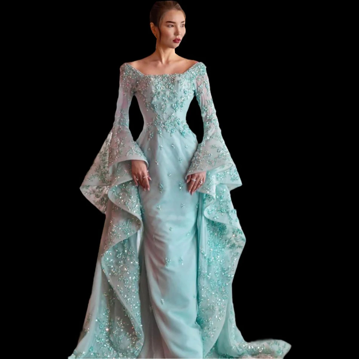 Exquisite Evening Dresses Super Long Big Sleeves Appliques Lace Special Occasion Pants Gowns Custom Made Sweep Train Prom Dress