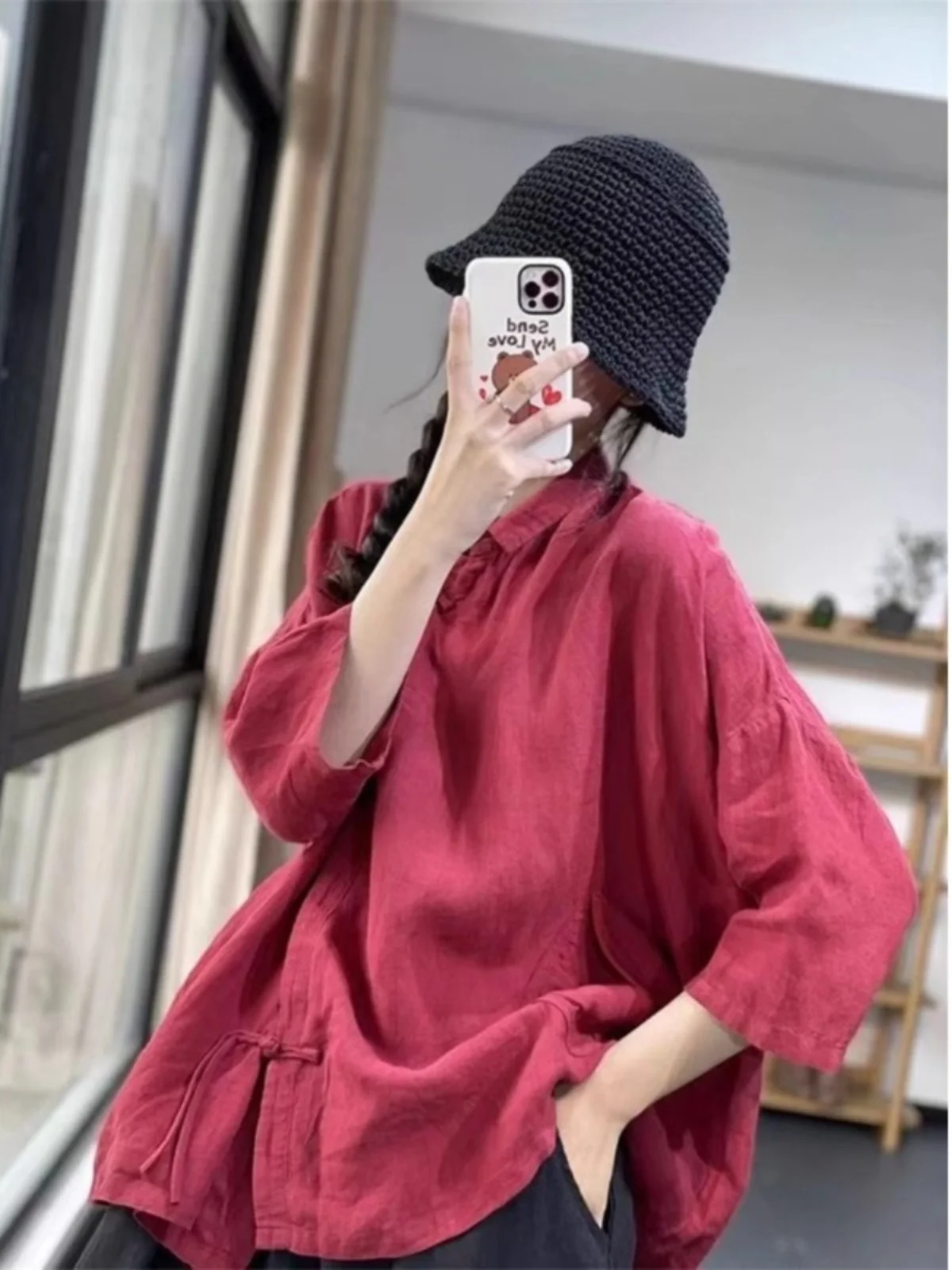New Chinese Style Women's Thin Cotton Linen Shirt Summer National Style Oblique Collar Button Tassel Tea Costume Linen Seven ...