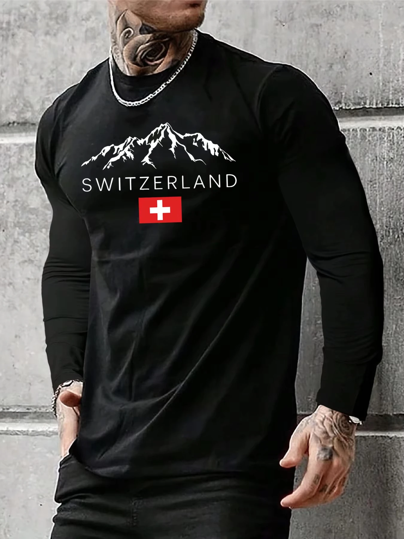 New Men‘s Swiss Snow Mountain Pattern Printed Long Sleeve T-shirt Fashion O-neck Tees Casual Male Clothes Loose Oversized Tops