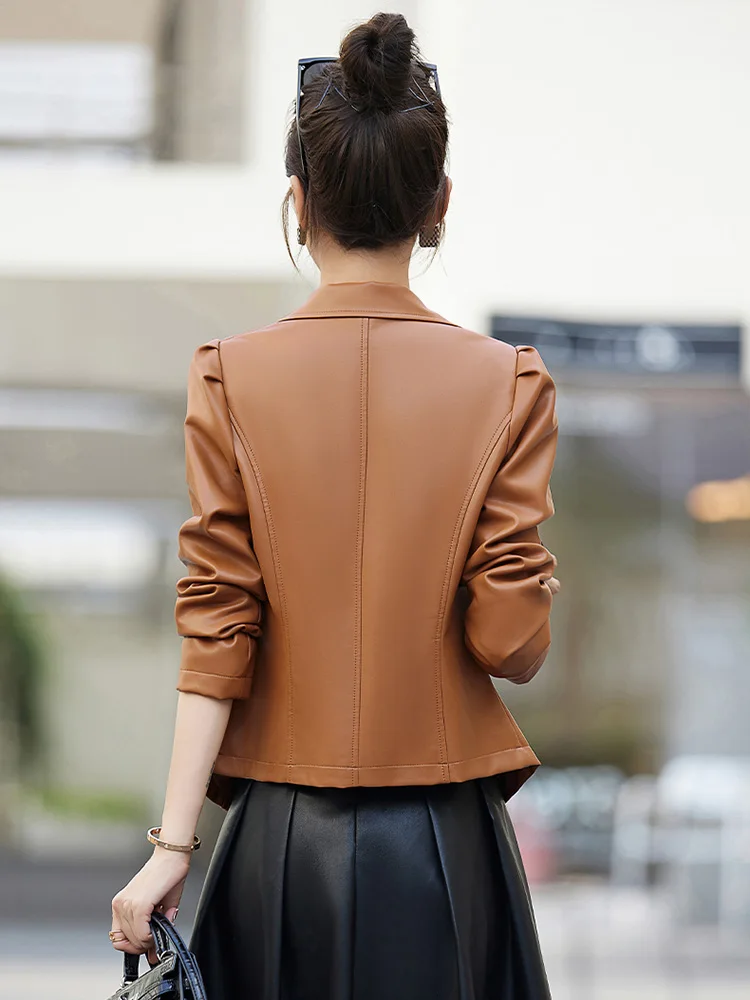 New Women Spring Autumn Chic Blazer Elegant Fashion Suit Collar Puff Sleeve Slim Leather Jacket Split Leather Short Outerwear