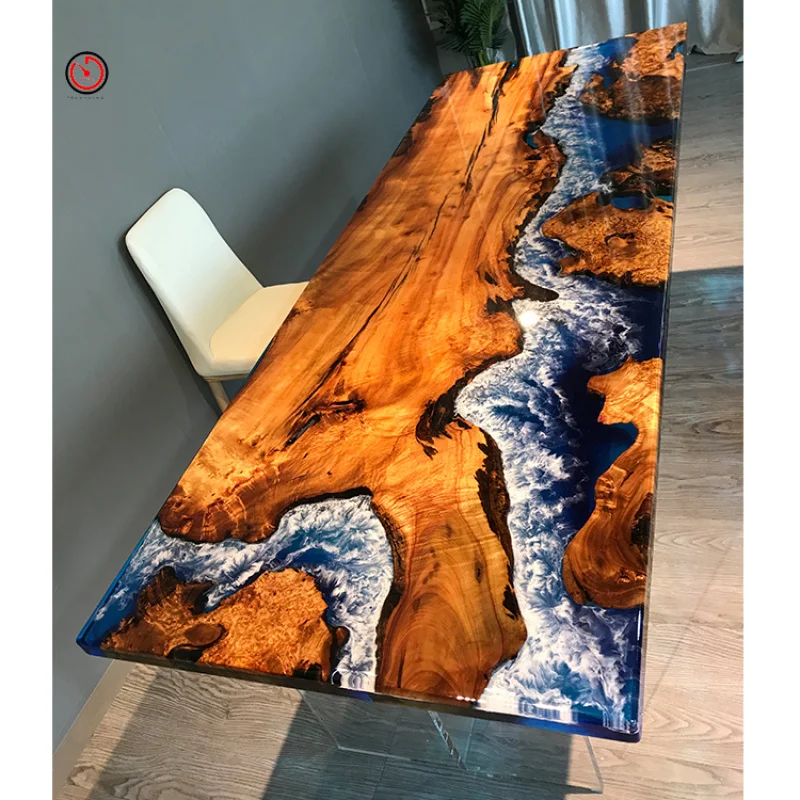 custom.TT OEM&ODM Custom Modern Popular Design Epoxy Resin Map River Rectangle 8 Seater Wood Dining Table