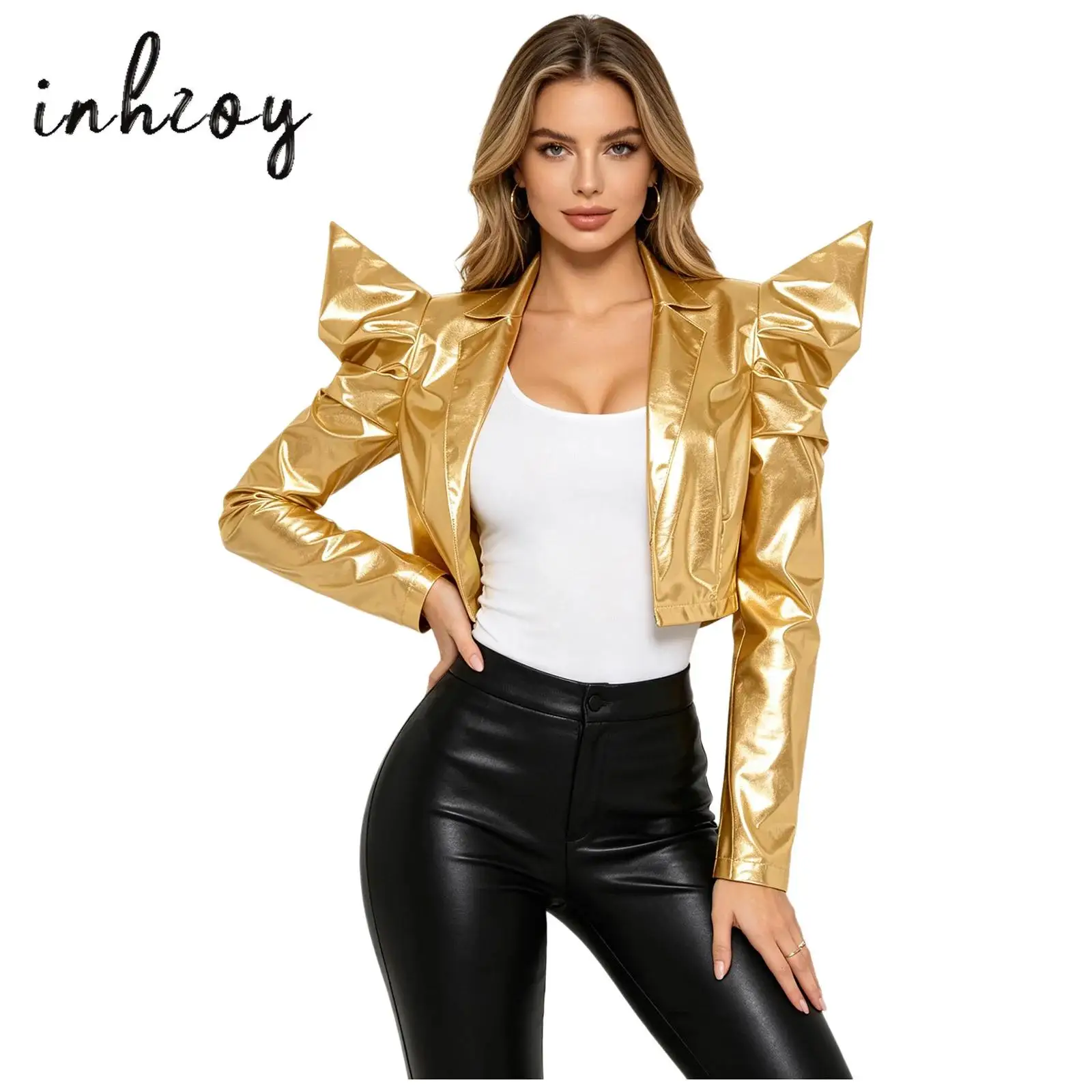 Women Metallic Shrug Should Crop Jacket Dramatic Puff Sleeve Long Sleeve Open Front Lapel Blazer Top Outerwear Hip Hop Clubwear