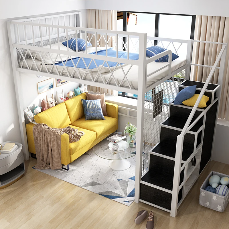Pavilion bed, modern and simple small apartment, wrought iron high and low bed, multi-functional space-saving bed, raised sheets