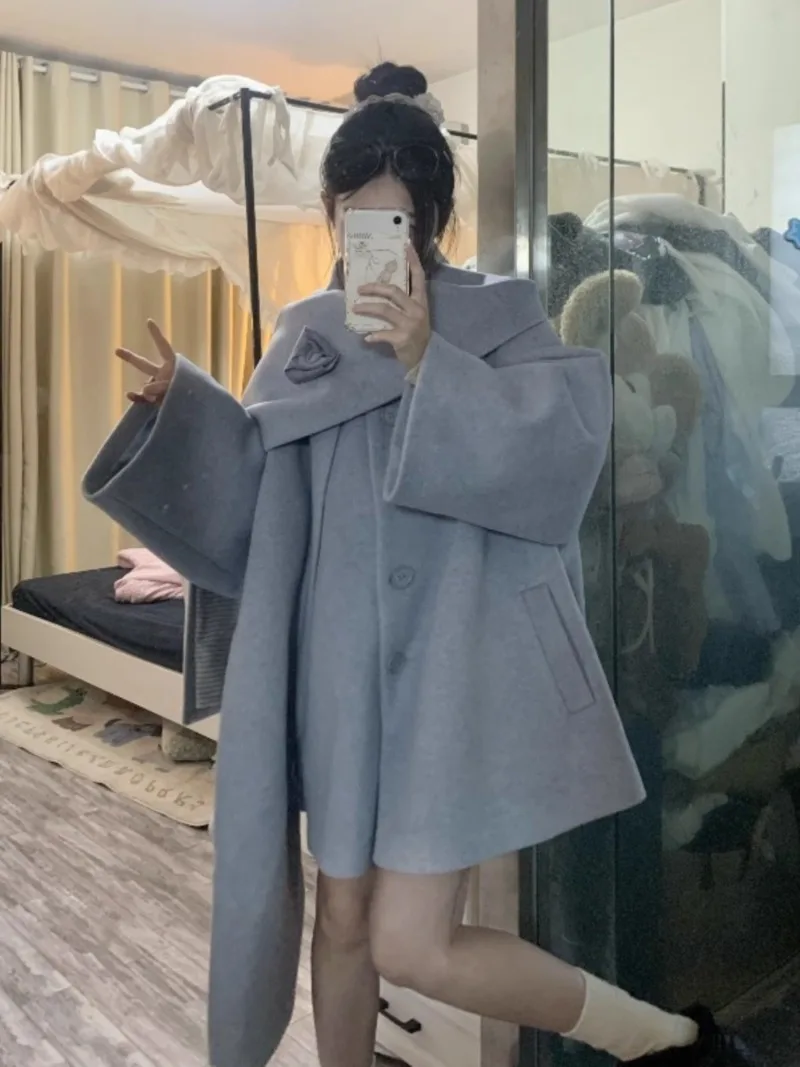 MiiiiX Korean Elegant Loose Cloak Woolen Coat Scarf Collar Versatile Outerwear Single Breasted Trench Autumn Women's Clothes