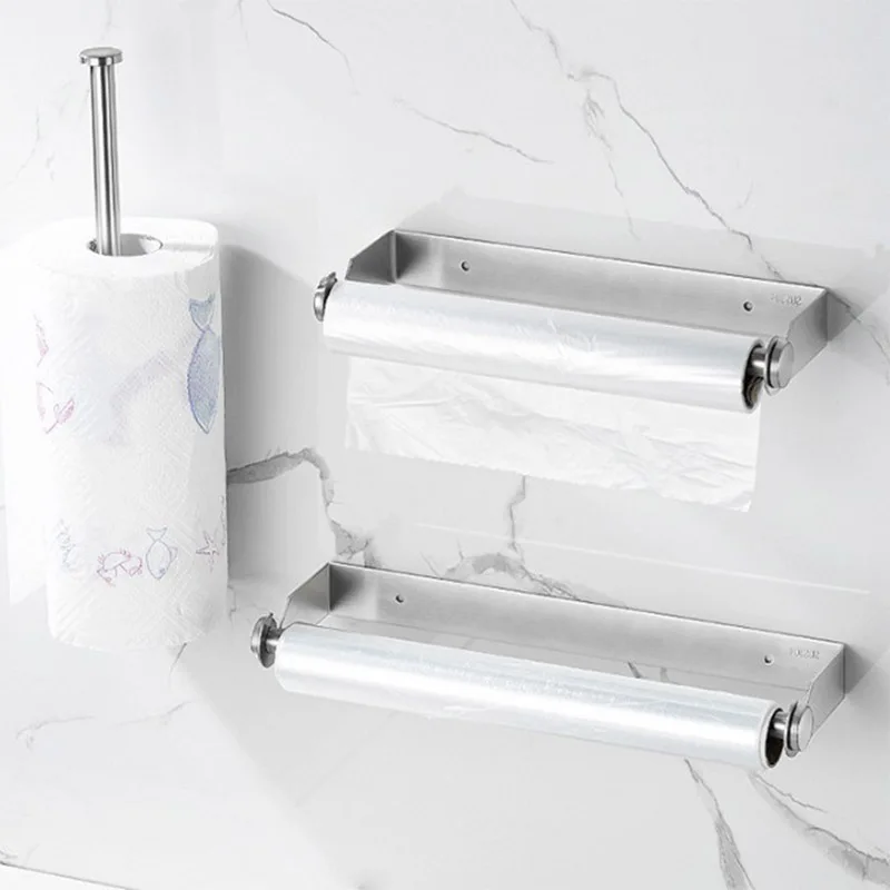 Stainless Steel Kitchen Paper Towel Holder No Punching Paper Roll Holder Cling Film Hanger Storage Rack - view 3