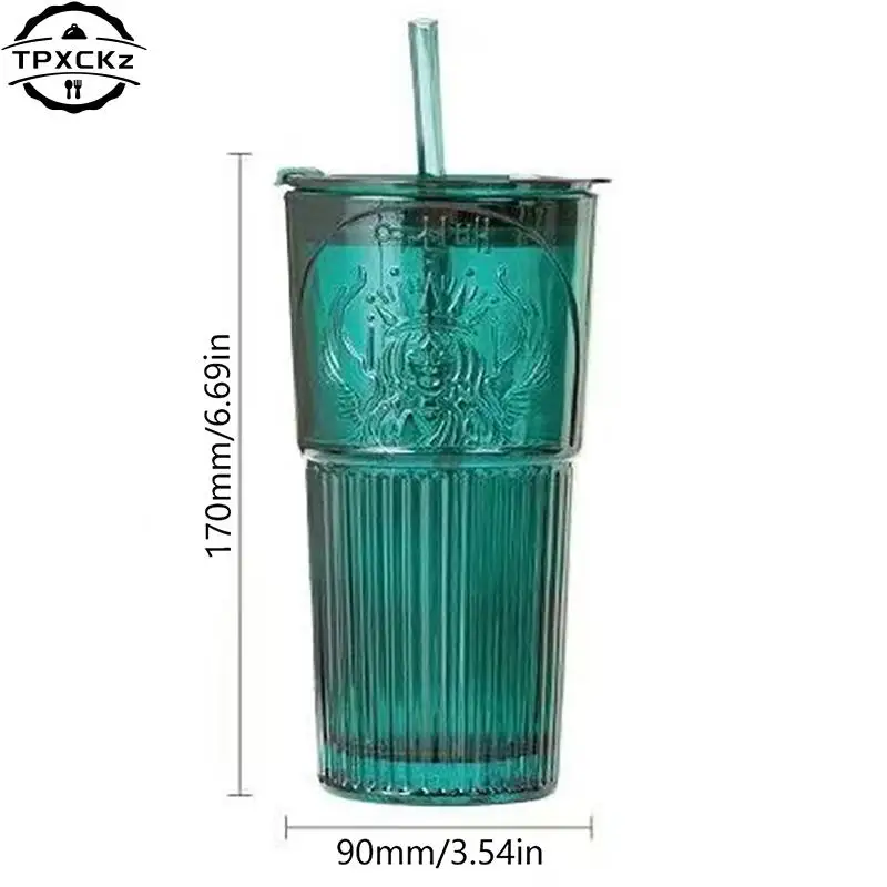 Milk Cup Green Goddess Model Water Cup Glass Cup With Lid and Straw Transparent Bubble Tea Cup Coffee Drinkware Dessert Cup