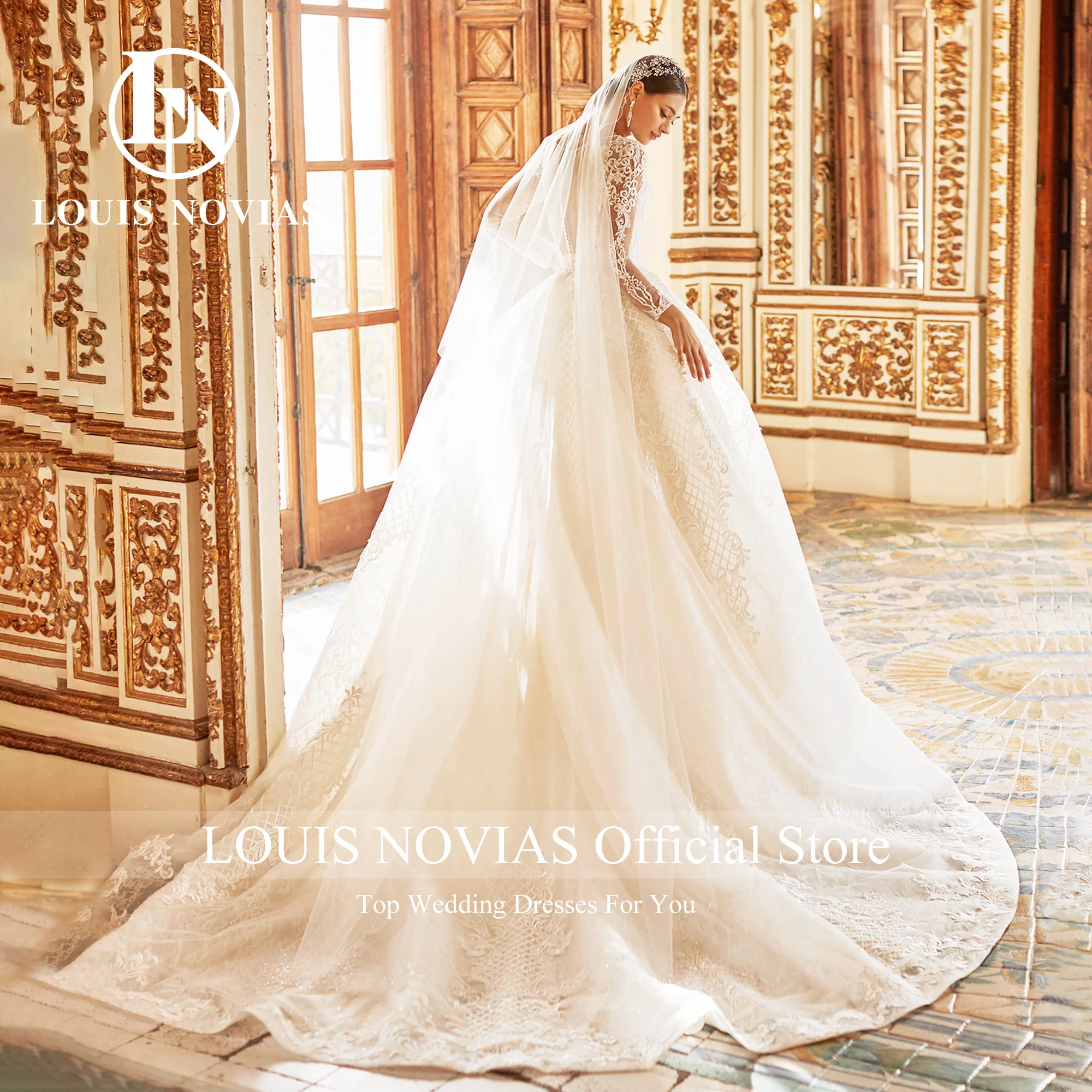 

LOUIS NOVIAS wedding Dress Elegant Long Sleeve Illusion Appliques Scoop Button Wedding Gown Vestidos De Novia