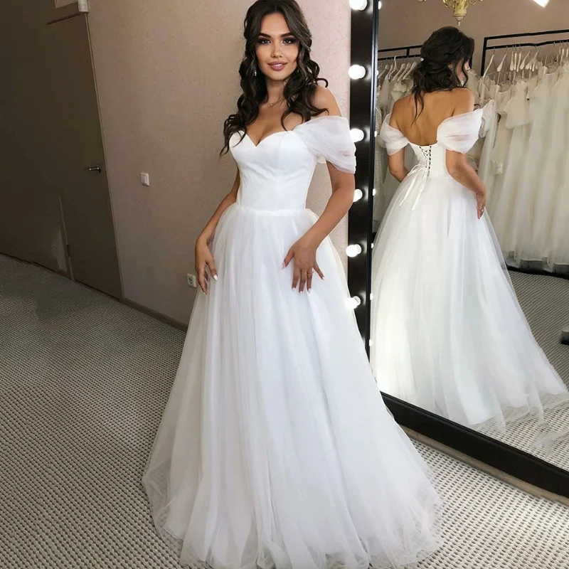 

Princess Wedding Dresses Off the Shoulder White Tulle Boho Wedding Gown Lace Up Backless Elegant Bride Dress