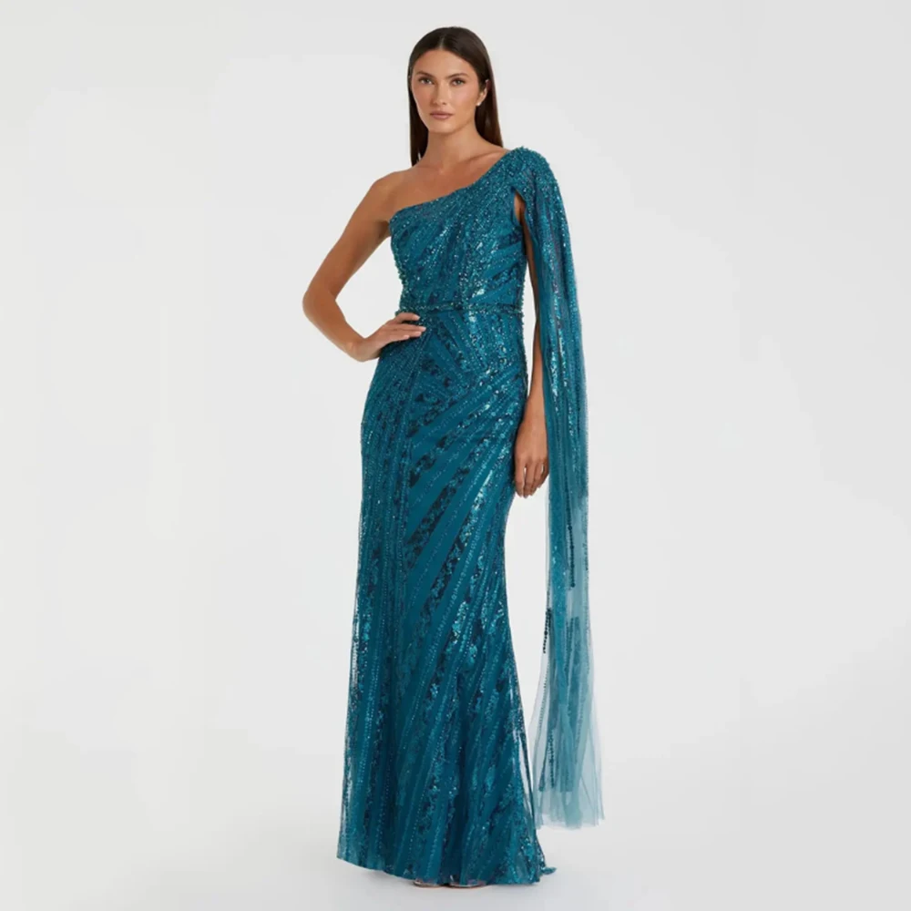 Exquisite Women Evening Dresses Slop Shoulders Backless One Shawl Sequins A Line Sweep Train Gowns Female Banquet Party Dresses
