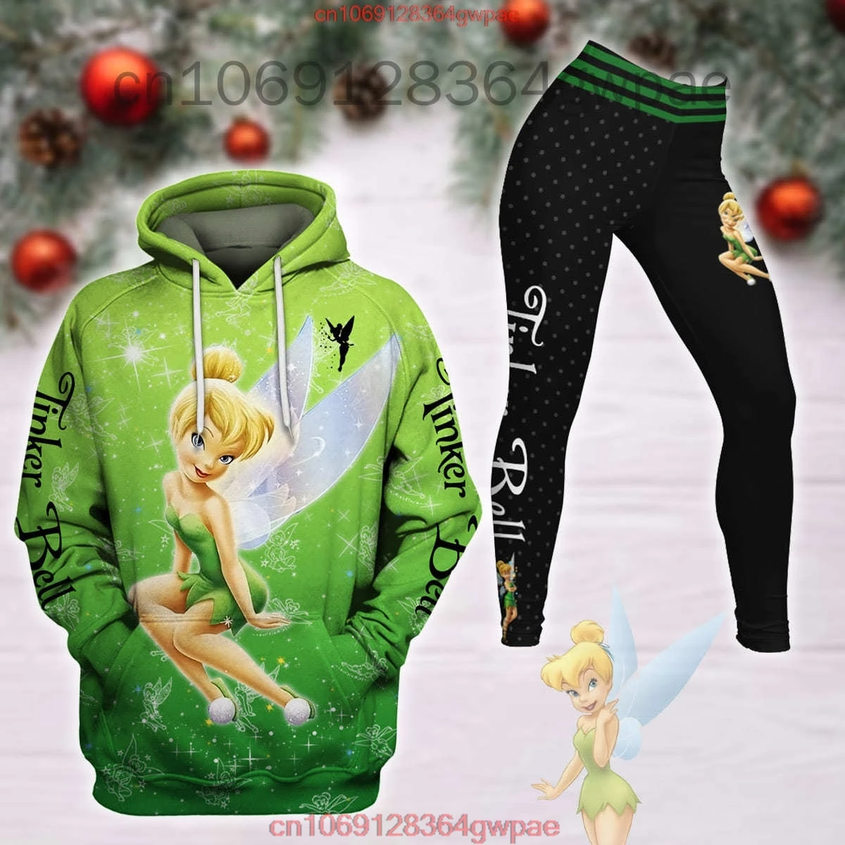 Disney Tinker Bell 3D Women\'s Hoodie Leggings Set High Waist Yoga Pants Set Disney Yoga Leggings Hoodie Fashion Sports Suit