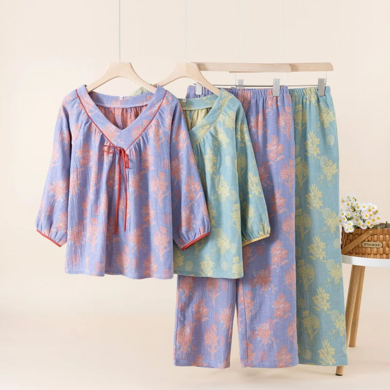 2pcs Women's Pajama Set Modern Chinese Style 100% Cotton Double Gauze 3/4 Sleeve Long Pants Lightweight Soft Loose Loungewear Fo
